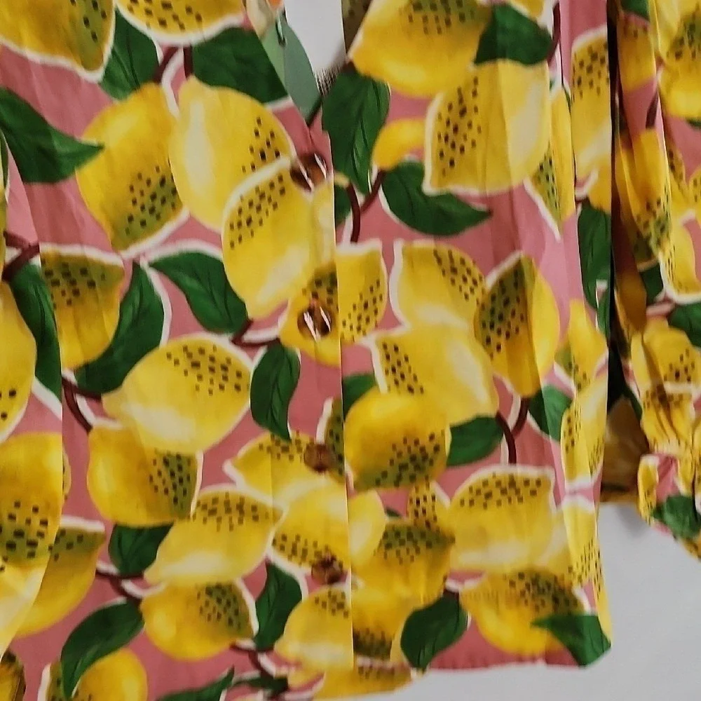 Farm Rio Fresh Lemons Puff Sleeves Shirt Womens Small Yellow Tropical Boho NWT